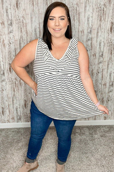 Ivory/Black Stripe Yarn Dye Ruffle Sleeveless Top