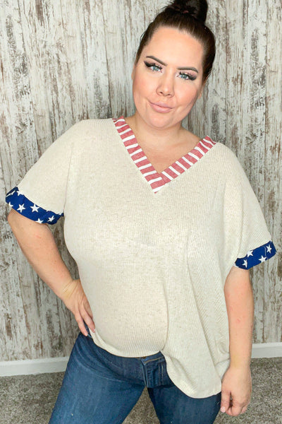 Oatmeal Patriotic V Neck Banded Short Sleeve Top