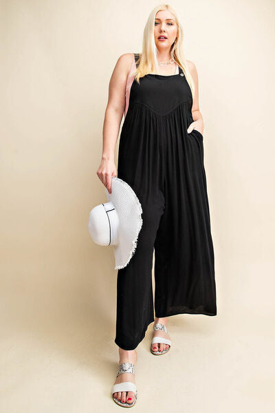 Black Sleeveless Ruched Wide Leg Overalls