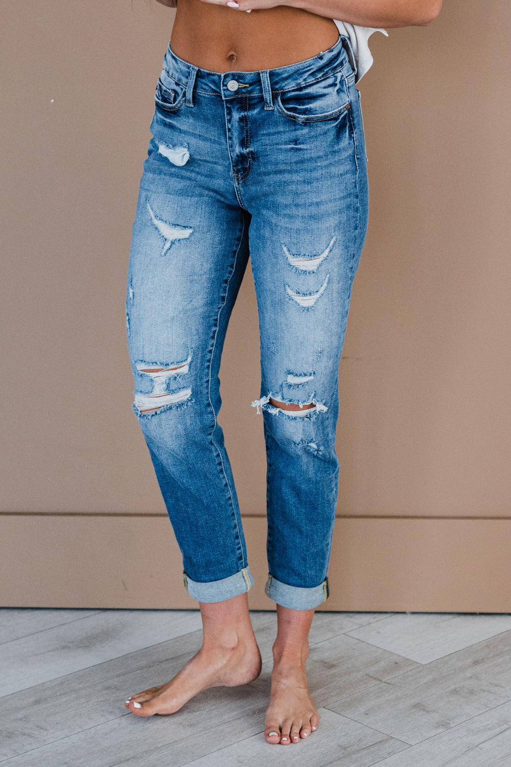 Judy Blue Mid Rise Cuffed Distressed Jeans