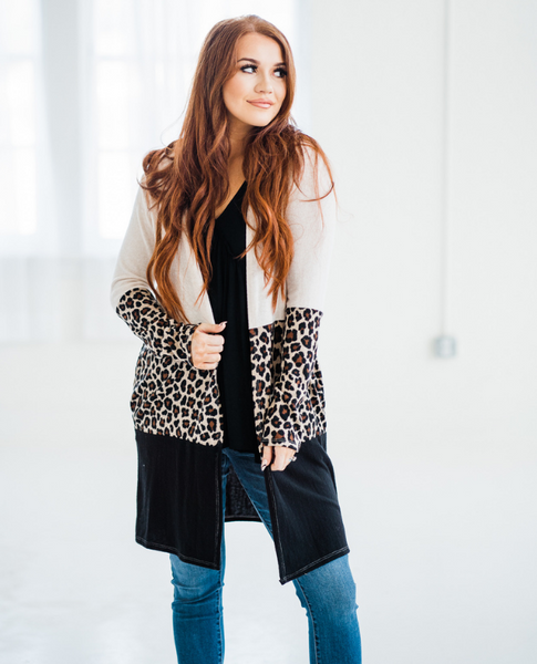 Relaxed Fit Leopard Color Block Long Cardigan