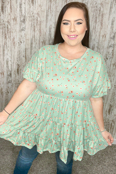 Sage Ditzy Floral Ruffle Sleeve Tiered Swing Top