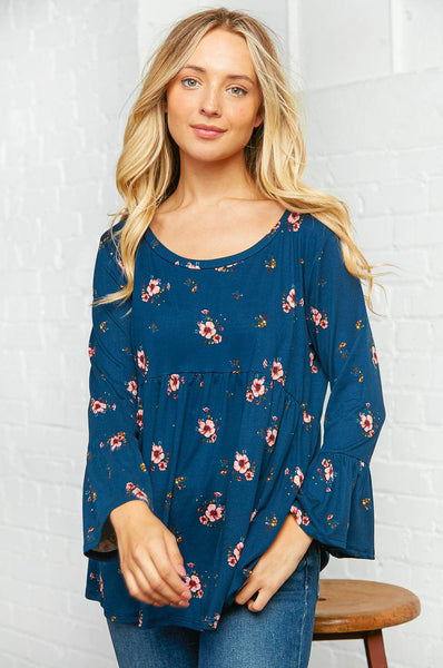 Navy Floral Bell Sleeve Babydoll Peplum Top