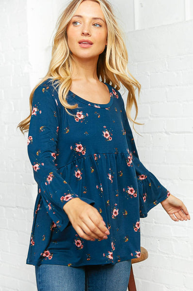 Navy Floral Bell Sleeve Babydoll Peplum Top