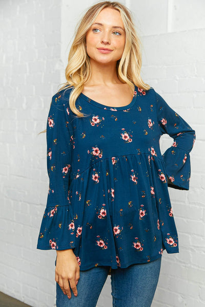 Navy Floral Bell Sleeve Babydoll Peplum Top