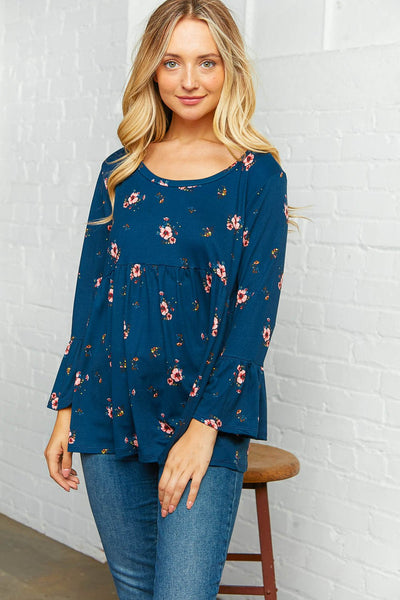 Navy Floral Bell Sleeve Babydoll Peplum Top