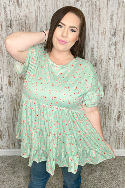 Sage Ditzy Floral Ruffle Sleeve Tiered Swing Top