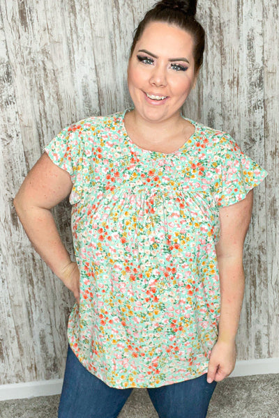 Mint Floral Print Ruffle Short Sleeve Top