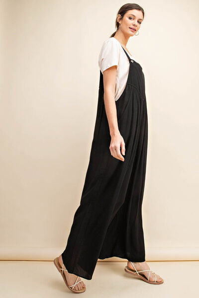 Black Sleeveless Ruched Wide Leg Overalls