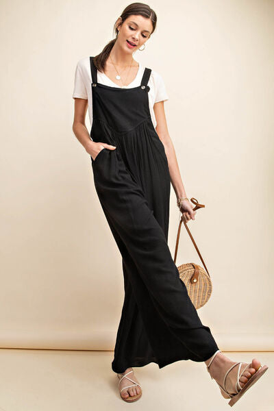 Black Sleeveless Ruched Wide Leg Overalls