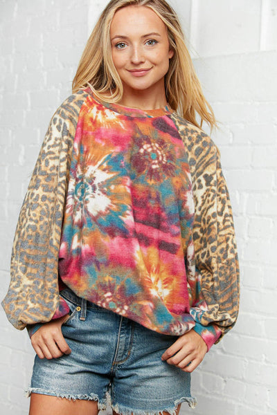 Wide Sleeve Tie Dye Leopard Print Loose Fit Top