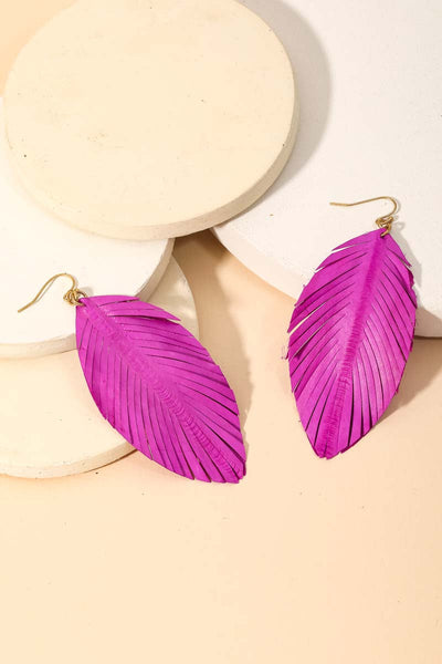 Fushia Feather Me Pretty Leather Earrings