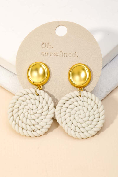 Cream Braided Circle Clay Drop Earrings