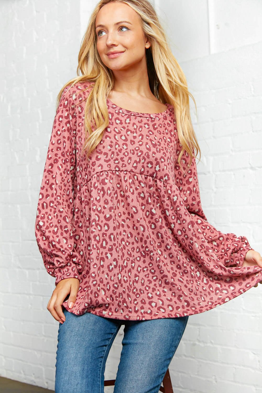 Leopard Print Bubble Sleeve Babydoll Top