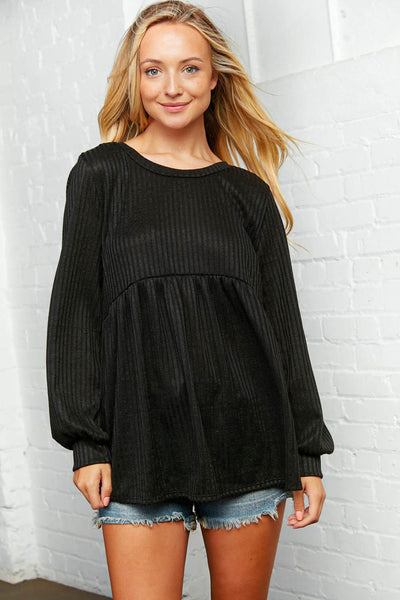 Black  Two Tone Rib Bubble Sleeve Babydoll Top