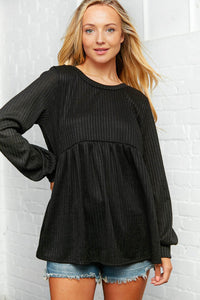 Black  Two Tone Rib Bubble Sleeve Babydoll Top