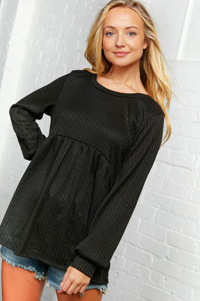 Black  Two Tone Rib Bubble Sleeve Babydoll Top