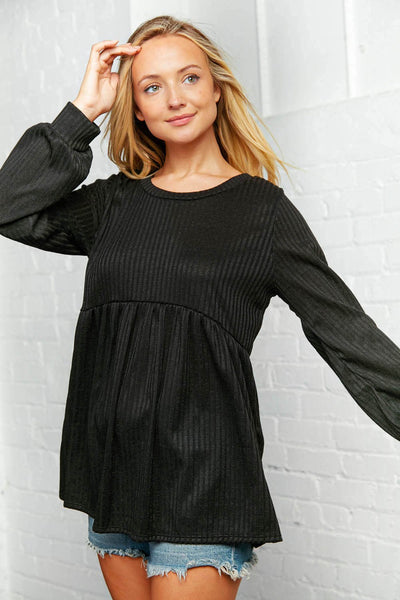 Black  Two Tone Rib Bubble Sleeve Babydoll Top