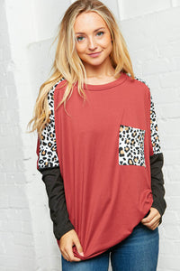 Dolman Leopard Color Block Front Pocket Top