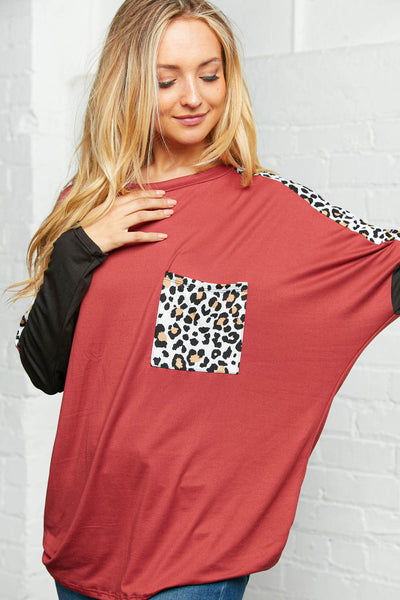 Dolman Leopard Color Block Front Pocket Top