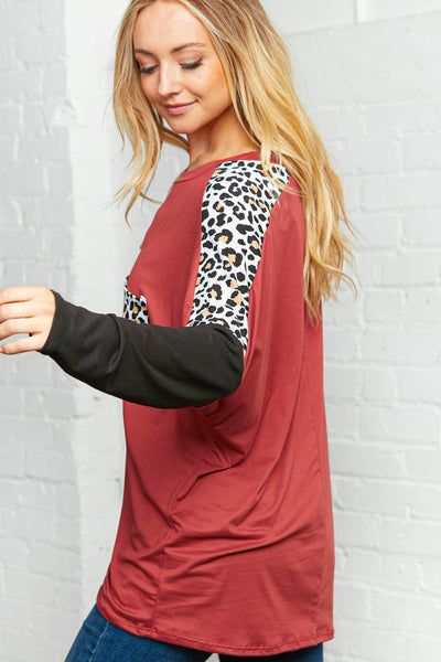 Dolman Leopard Color Block Front Pocket Top