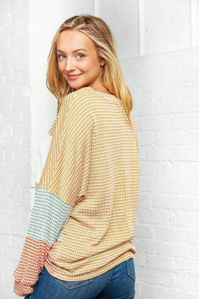 Two Tone Jacquard Bubble Sleeve Sweater Top