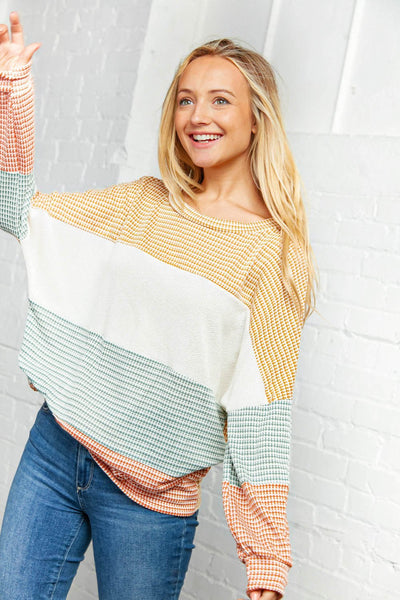 Two Tone Jacquard Bubble Sleeve Sweater Top