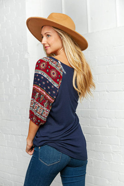 Boho Color Block Bubble Sleeve Raglan Top