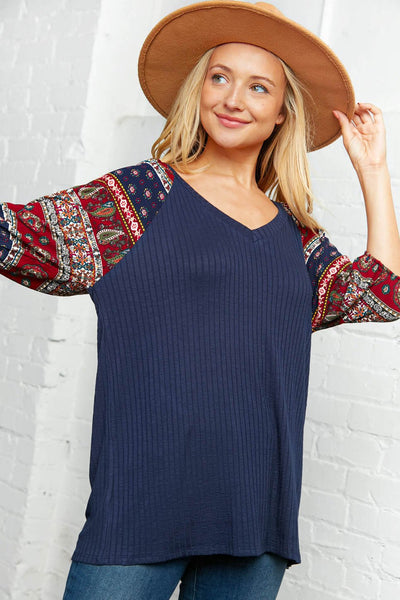 Boho Color Block Bubble Sleeve Raglan Top