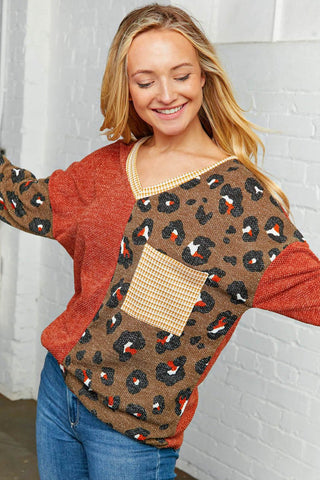 Leopard V Neck Half Color Block Sweater Top