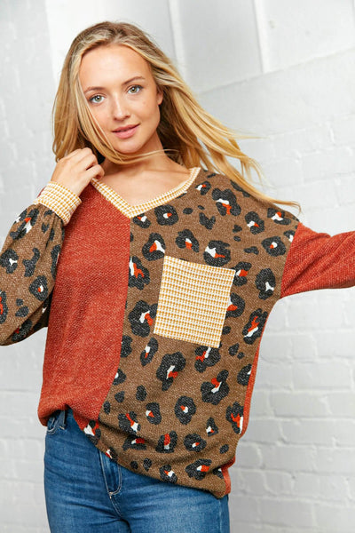 Leopard V Neck Half Color Block Sweater Top