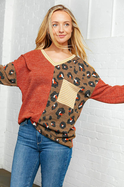 Leopard V Neck Half Color Block Sweater Top