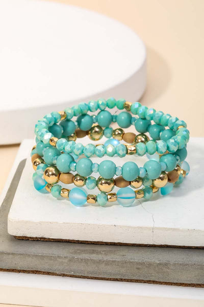 Mint and Gold Ball Beaded Stackable Bracelet Set