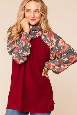 Floral Button Detail Turtleneck Top