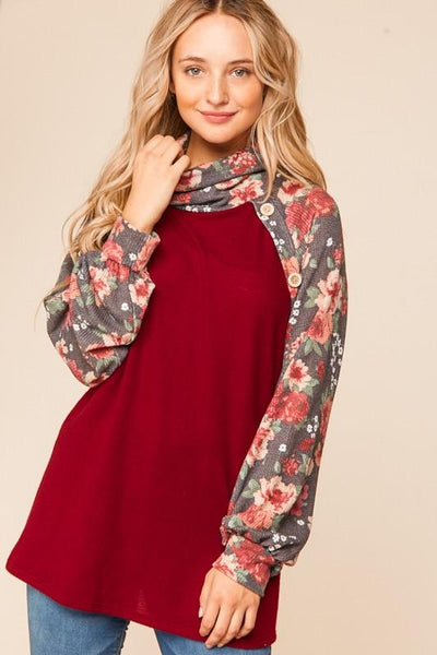 Floral Button Detail Turtleneck Top