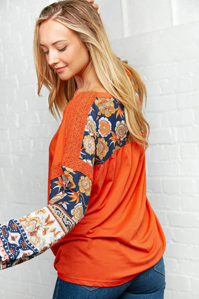 Sunset Orange Multi Print Crochet Smocked Top