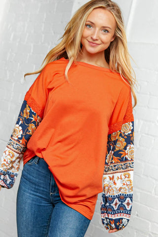 Sunset Orange Multi Print Crochet Smocked Top