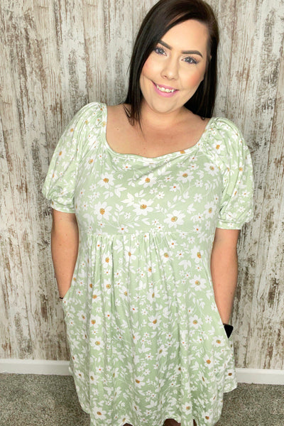 Mint Floral Print Puff Sleeve Pocketed Knit Dress