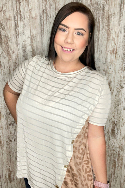 Grey & Cream Yarn Dye Stripe Leopard Button Detail Top