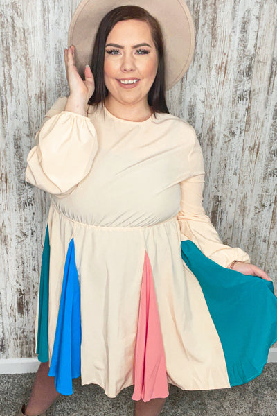 Light Peach Color Block Modet Ruffle Flare Midi Dress