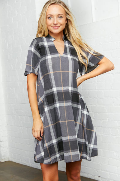 Plaid Cut Out Yoke Dress with Pockets