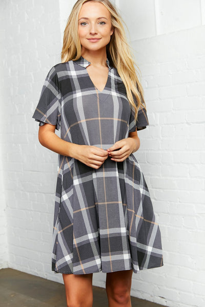 Plaid Cut Out Yoke Dress with Pockets