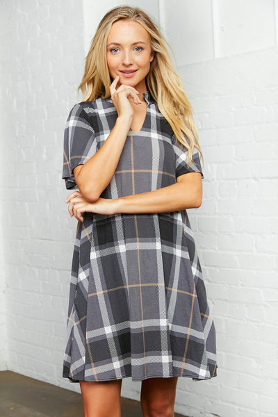 Plaid Cut Out Yoke Dress with Pockets