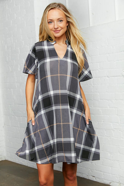 Plaid Cut Out Yoke Dress with Pockets