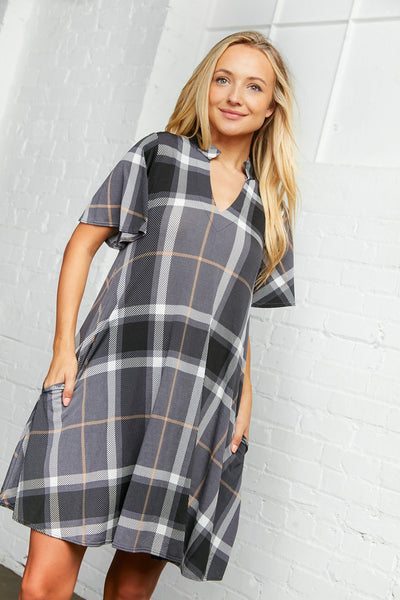 Plaid Cut Out Yoke Dress with Pockets