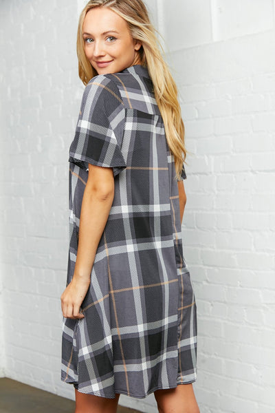 Plaid Cut Out Yoke Dress with Pockets