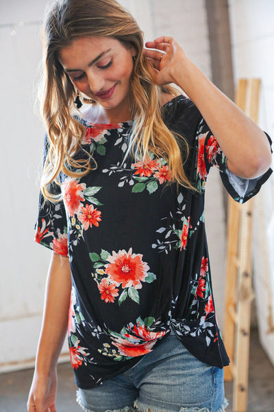 Midnight Floral Short Bell Sleeve Knotted Top