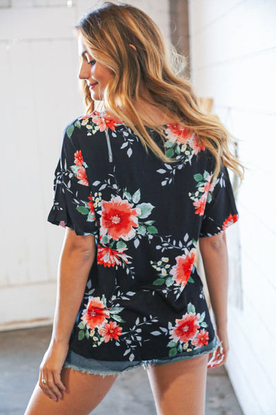 Midnight Floral Short Bell Sleeve Knotted Top