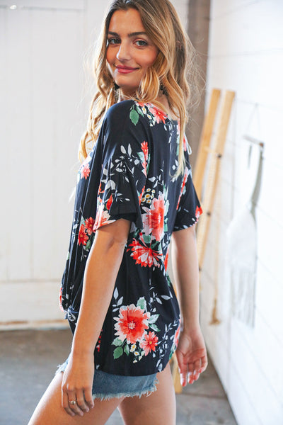 Midnight Floral Short Bell Sleeve Knotted Top