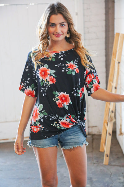 Midnight Floral Short Bell Sleeve Knotted Top